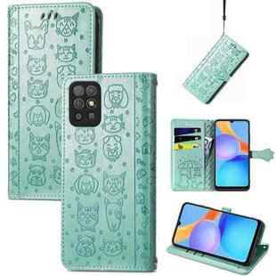 For Honor Play 5T Youth Cat and Dog Embossed Horizontal Flip Phone Leather Case with Holder & Card Slot & Wallet & Lanyard(Green)