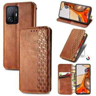 For Xiaomi Mi 11T / Mi 11T Pro Cubic Grid Pressed Horizontal Flip Magnetic Leather Case with Holder & Card Slots & Wallet(Brown)