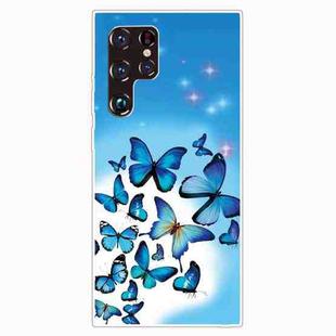 For Samaung Galaxy S22 Ultra 5G Painted Pattern Transparent TPU Phone Case(Blue Butterfly)
