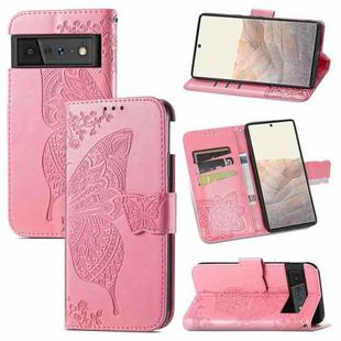 For Google Pixel 6 Butterfly Love Flowers Embossed Horizontal Flip Leather Case with Holder & Card Slots & Wallet & Lanyard(Pink)