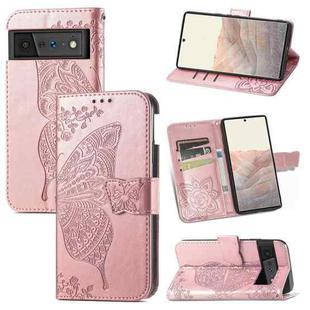 For Google Pixel 6 Butterfly Love Flowers Embossed Horizontal Flip Leather Case with Holder & Card Slots & Wallet & Lanyard(Rose Gold)