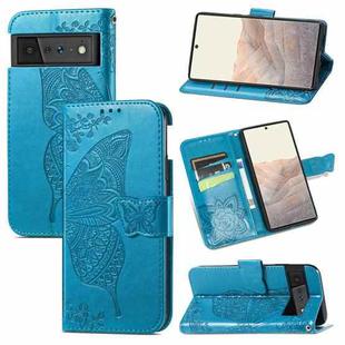 For Google Pixel 6 Butterfly Love Flowers Embossed Horizontal Flip Leather Case with Holder & Card Slots & Wallet & Lanyard(Blue)