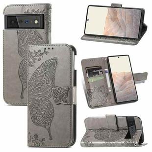 For Google Pixel 6 Butterfly Love Flowers Embossed Horizontal Flip Leather Case with Holder & Card Slots & Wallet & Lanyard(Grey)