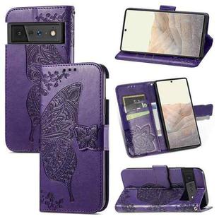 For Google Pixel 6 Butterfly Love Flowers Embossed Horizontal Flip Leather Case with Holder & Card Slots & Wallet & Lanyard(Dark Purple)