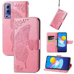 For vivo Y72 5G Butterfly Love Flowers Embossed Horizontal Flip Leather Case with Holder & Card Slots & Wallet & Lanyard(Pink)