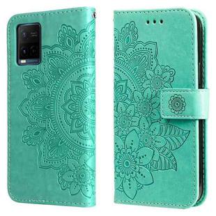For vivo Y21 / Y21s / Y33s 7-petal Flowers Embossing Horizontal Flip Leather Phone Case with Holder & Card Slots(Green)