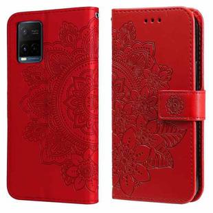 For vivo Y21 / Y21s / Y33s 7-petal Flowers Embossing Horizontal Flip Leather Phone Case with Holder & Card Slots(Red)