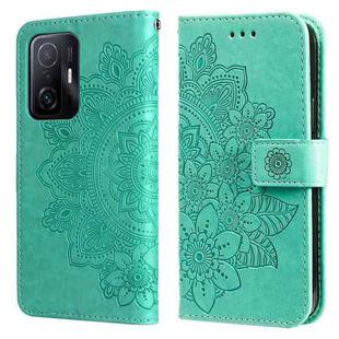 For Xiaomi 11T / 11T Pro 7-petal Flowers Embossing Horizontal Flip Leather Phone Case with Holder & Card Slots(Green)