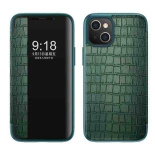 For iPhone 13 Crocodile Texture Windows View Horizontal Flip Leather Case(Green)