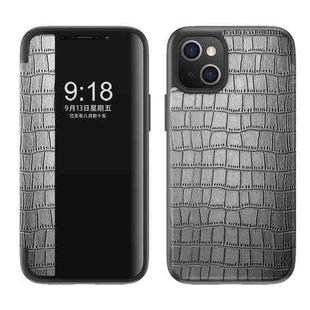 For iPhone 13 Crocodile Texture Windows View Horizontal Flip Leather Case(Silver)