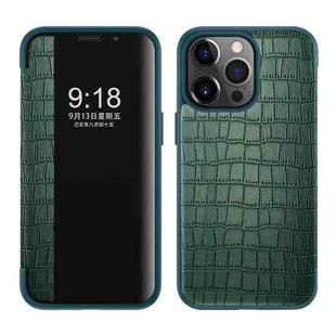 For iPhone 13 Pro Crocodile Texture Windows View Horizontal Flip Leather Case (Green)