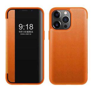 For iPhone 13 Pro Magnetic Side Window View Shockproof Horizontal Flip Leather Case (Orange)