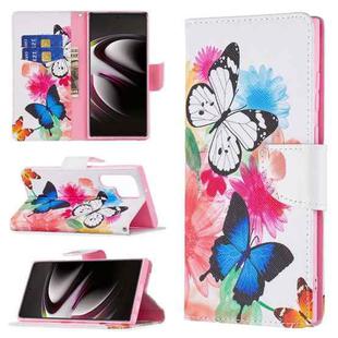 For Samsung Galaxy S22 Ultra 5G Colored Drawing Pattern Horizontal Flip Phone Leather Case with Holder & Card Slots & Wallet(Butterflies)