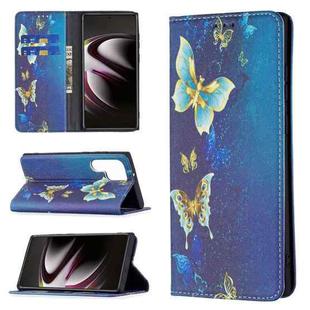 For Samsung Galaxy S22 Ultra 5G Colored Drawing Pattern Invisible Magnetic Horizontal Flip Phone Leather Case with Holder & Card Slots & Wallet(Gold Butterfly)