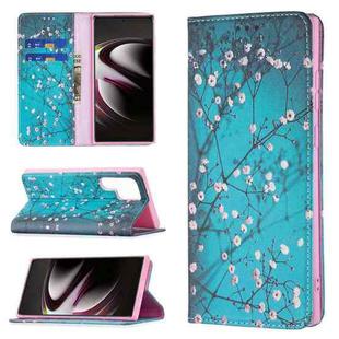 For Samsung Galaxy S22 Ultra 5G Colored Drawing Pattern Invisible Magnetic Horizontal Flip Phone Leather Case with Holder & Card Slots & Wallet(Plum Blossom)