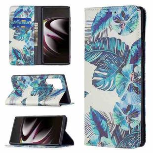 For Samsung Galaxy S22 Ultra 5G Colored Drawing Pattern Invisible Magnetic Horizontal Flip Phone Leather Case with Holder & Card Slots & Wallet(Blue Leaf)