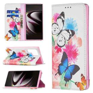 For Samsung Galaxy S22 Ultra 5G Colored Drawing Pattern Invisible Magnetic Horizontal Flip Phone Leather Case with Holder & Card Slots & Wallet(Two Butterflies)