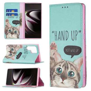 For Samsung Galaxy S22 Ultra 5G Colored Drawing Pattern Invisible Magnetic Horizontal Flip Phone Leather Case with Holder & Card Slots & Wallet(Cat)