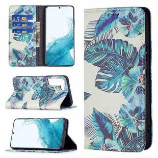For Samsung Galaxy S22+ 5G Colored Drawing Pattern Invisible Magnetic Horizontal Flip Phone Leather Case with Holder & Card Slots & Wallet(Blue Leaf)