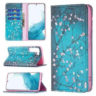 For Samsung Galaxy S22 5G Colored Drawing Pattern Invisible Magnetic Horizontal Flip Phone Leather Case with Holder & Card Slots & Wallet(Plum Blossom)