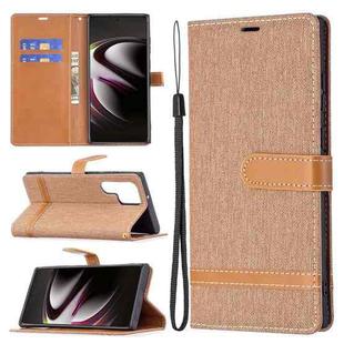 For Samsung Galaxy S22 Ultra 5G Color Matching Denim Texture Leather Case with Holder & Card Slots & Wallet & Lanyard(Brown)