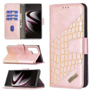 For Samsung Galaxy S22 Ultra 5G Matching Color Crocodile Texture Leather Phone Case with Holder & Card Slots & Wallet(Rose Gold)