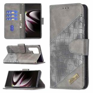 For Samsung Galaxy S22 Ultra 5G Matching Color Crocodile Texture Leather Phone Case with Holder & Card Slots & Wallet(Grey)