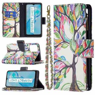 For vivo Y21 Colored Drawing Pattern Zipper Horizontal Flip Phone Leather Case with Holder & Card Slots & Wallet(Tree)