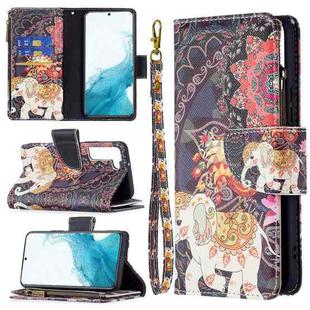 For Samsung Galaxy S22 5G Colored Drawing Pattern Zipper Horizontal Flip Phone Leather Case with Holder & Card Slots & Wallet(Flower Elephants)