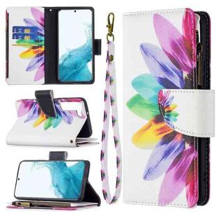For Samsung Galaxy S22 5G Colored Drawing Pattern Zipper Horizontal Flip Phone Leather Case with Holder & Card Slots & Wallet(Sun Flower)
