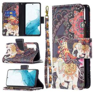 For Samsung Galaxy S22+ 5G Colored Drawing Pattern Zipper Horizontal Flip Phone Leather Case with Holder & Card Slots & Wallet(Flower Elephants)