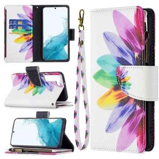 For Samsung Galaxy S22+ 5G Colored Drawing Pattern Zipper Horizontal Flip Phone Leather Case with Holder & Card Slots & Wallet(Sun Flower)