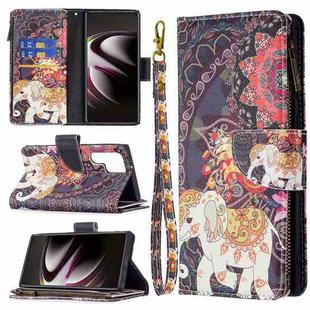 For Samsung Galaxy S22 Ultra 5G Colored Drawing Pattern Zipper Horizontal Flip Phone Leather Case with Holder & Card Slots & Wallet(Flower Elephants)