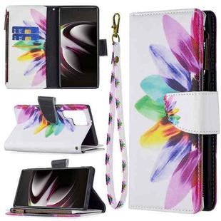 For Samsung Galaxy S22 Ultra 5G Colored Drawing Pattern Zipper Horizontal Flip Phone Leather Case with Holder & Card Slots & Wallet(Sun Flower)