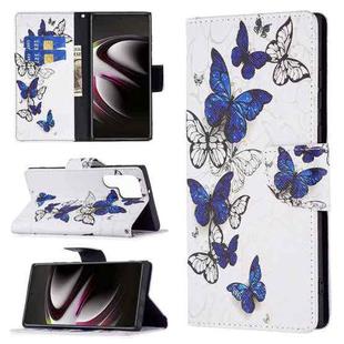 For Samsung Galaxy S22 Ultra 5G Colored Drawing Pattern Horizontal Flip Phone Leather Case with Holder & Card Slots & Wallet(Blue Butterflies)