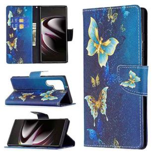 For Samsung Galaxy S22 Ultra 5G Colored Drawing Pattern Horizontal Flip Phone Leather Case with Holder & Card Slots & Wallet(Gold Butterfly)