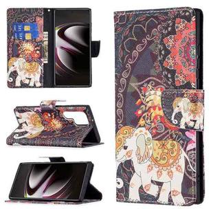 For Samsung Galaxy S22 Ultra 5G Colored Drawing Pattern Horizontal Flip Phone Leather Case with Holder & Card Slots & Wallet(Flowers Elephant)