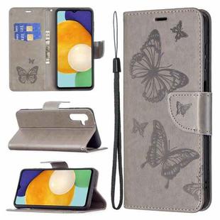 For Samsung Galaxy A13 5G Embossing Two Butterflies Pattern Leather Phone Case with Holder & Card Slot & Wallet & Lanyard(Grey)