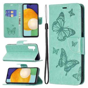 For Samsung Galaxy A13 5G Embossing Two Butterflies Pattern Leather Phone Case with Holder & Card Slot & Wallet & Lanyard(Green)
