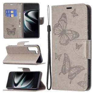 For Samsung Galaxy S22 Ultra 5G Embossing Two Butterflies Pattern Leather Phone Case with Holder & Card Slot & Wallet & Lanyard(Grey)