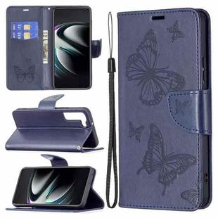 For Samsung Galaxy S22 Ultra 5G Embossing Two Butterflies Pattern Leather Phone Case with Holder & Card Slot & Wallet & Lanyard(Blue)