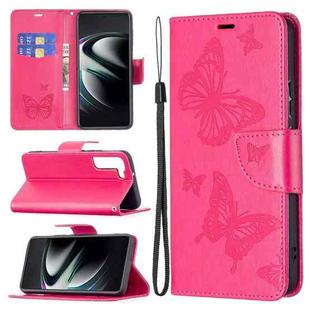 For Samsung Galaxy S22 Ultra 5G Embossing Two Butterflies Pattern Leather Phone Case with Holder & Card Slot & Wallet & Lanyard(Rose Red)