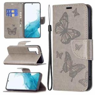 For Samsung Galaxy S22+ 5G Embossing Two Butterflies Pattern Leather Phone Case with Holder & Card Slot & Wallet & Lanyard(Grey)