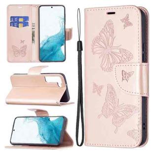 For Samsung Galaxy S22 5G Embossing Two Butterflies Pattern Leather Phone Case with Holder & Card Slot & Wallet & Lanyard(Rose Gold)