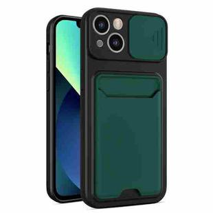 Sliding Camera Cover Design TPU + PC Shockproof Phone Case with Card Slot For iPhone 13(Dark Night Green)