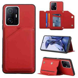 For Xiaomi Mi 11T / Mi 11 Pro Skin Feel PU + TPU + PC Back Cover Shockproof Phone Case with Card Slots & Holder & Photo Frame(Red)