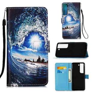 For Samsung Galaxy S22 5G Colored Drawing Pattern Plain Weave Leather Phone Case with Holder & Card Slot & Wallet & Lanyard(Ocean Waves and Sun)