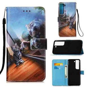 For Samsung Galaxy S22 5G Colored Drawing Pattern Plain Weave Leather Phone Case with Holder & Card Slot & Wallet & Lanyard(Mirror Cat)