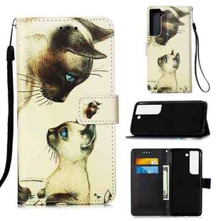 For Samsung Galaxy S22 5G Colored Drawing Pattern Plain Weave Leather Phone Case with Holder & Card Slot & Wallet & Lanyard(Cat Looking)