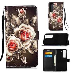 For Samsung Galaxy S22+ 5G Colored Drawing Pattern Plain Weave Leather Phone Case with Holder & Card Slot & Wallet & Lanyard(Rose)